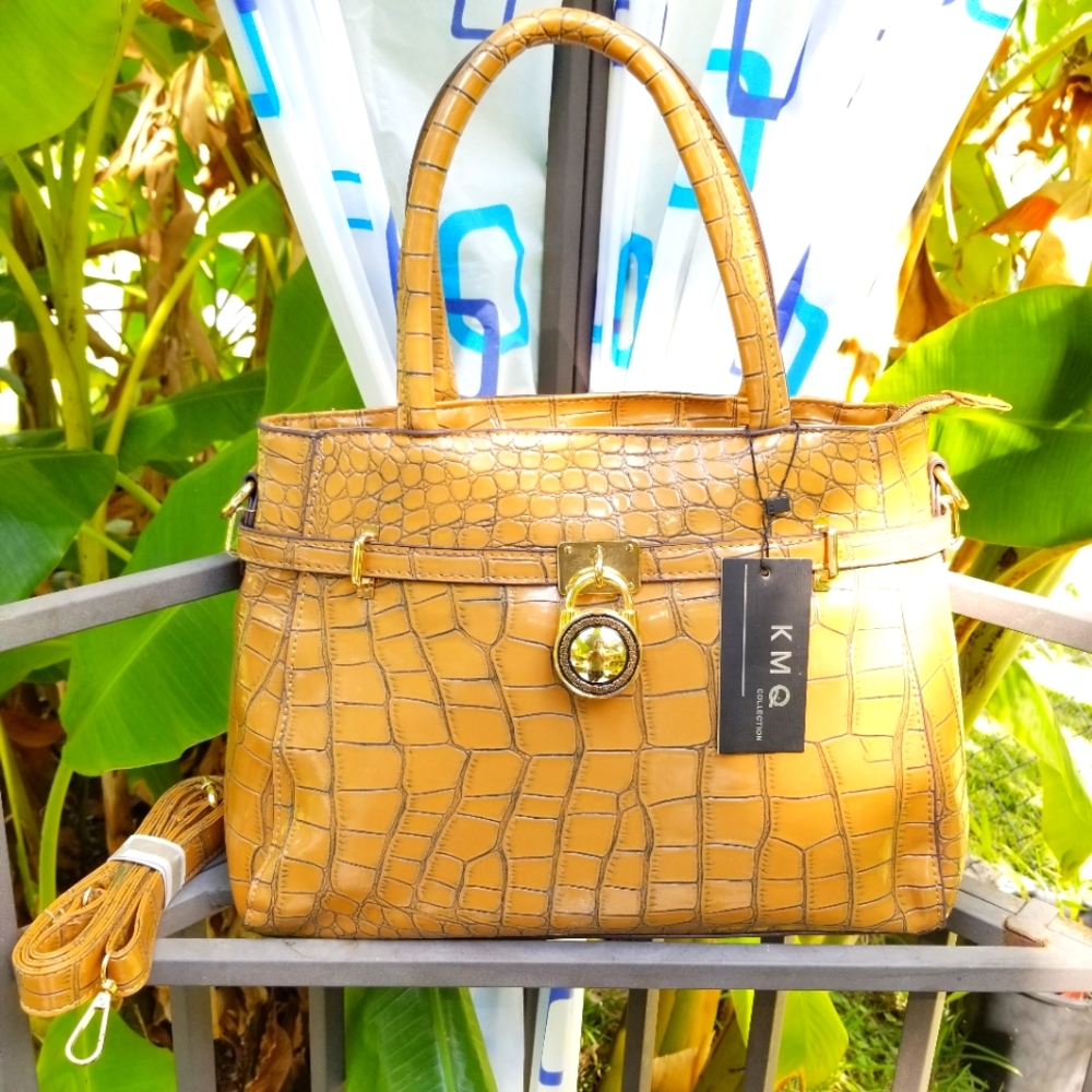 NWT Beautifull KMQ Natural Tone Tan Color, Croc-Embossed hand Bag